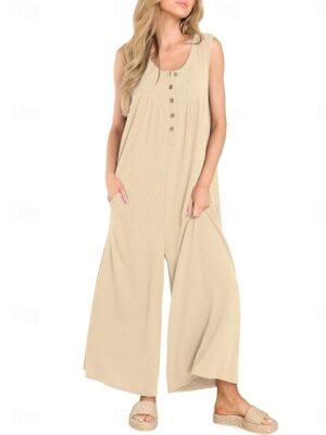 Active Regular Solid U Neck Sleeveless Long Jumpsuit - Image 1