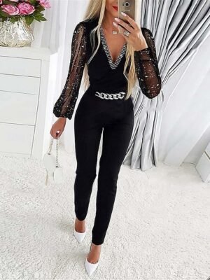 Active Regular Solid V Neck Long Sleeve Mesh Jumpsuit - Image 1