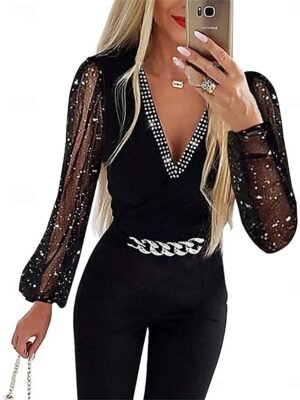 Active Regular Solid V Neck Long Sleeve Mesh Jumpsuit - Image 3