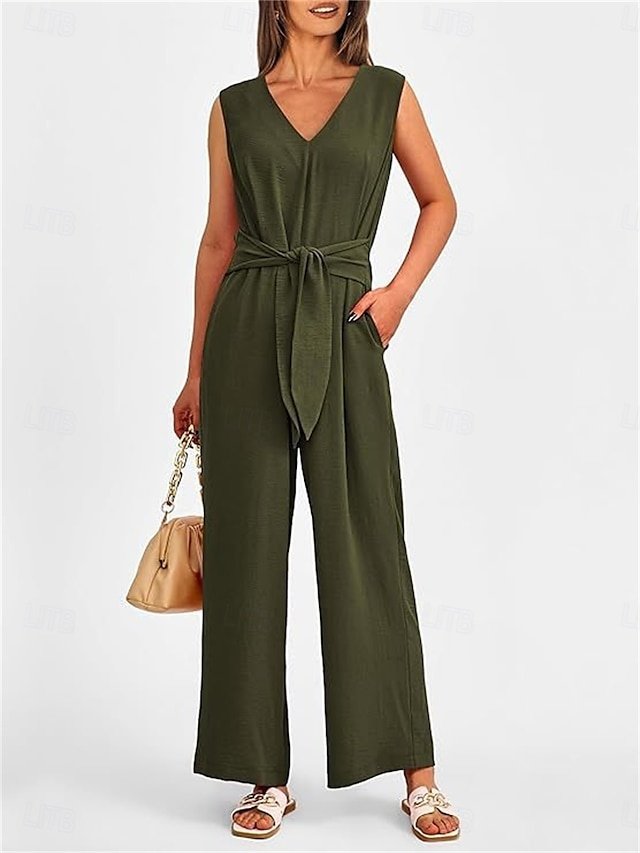 Active Regular Solid V Neck Sleeveless High Waist Jumpsuit - Image 2