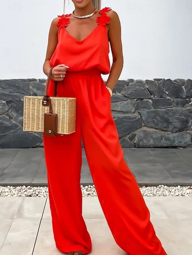 Active Regular Solid V Neck Sleeveless Jumpsuit - Image 1