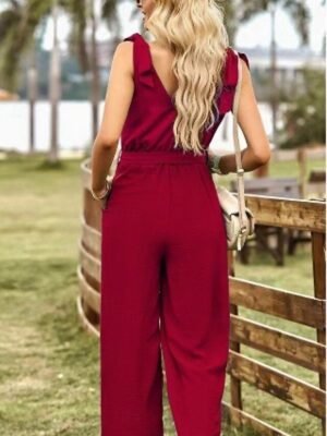 Active Regular Solid V Neck Sleeveless Jumpsuit - Image 2