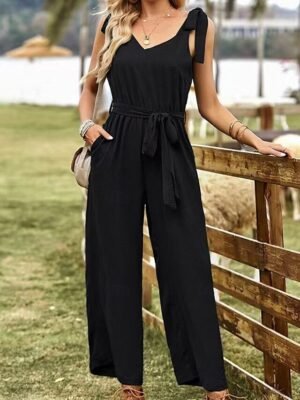 Active Regular Solid V Neck Sleeveless Jumpsuit - Image 3