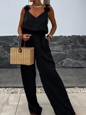 Active Regular Solid V Neck Sleeveless Jumpsuit - Image 8