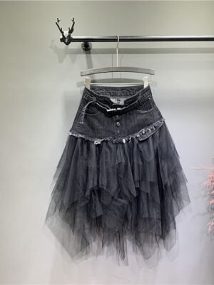 Basic A Line Asymmetrical Pleated Tulle Long Skirt - Image 3