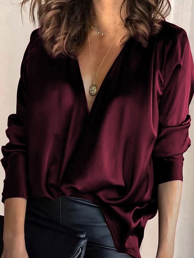 Basic Casual Regular Plain V Neck Long Sleeve Shirt Blouse - Image 1