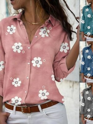 Basic Floral Print Shirt Collar Long Sleeve Blouse - Image 1