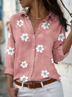 Basic Floral Print Shirt Collar Long Sleeve Blouse - Image 2