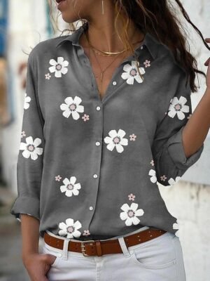 Basic Floral Print Shirt Collar Long Sleeve Blouse - Image 5