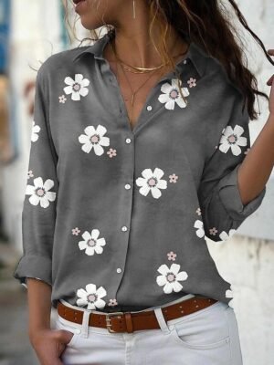 Basic Floral Print Shirt Collar Long Sleeve Blouse - Image 9