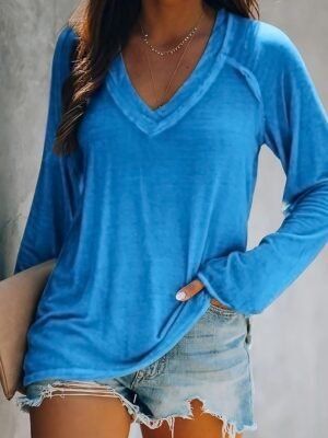 Basic Loose Fit Solid V Neck Long Sleeve Tee - Image 1
