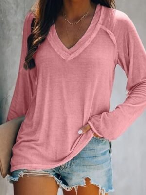 Basic Loose Fit Solid V Neck Long Sleeve Tee - Image 2