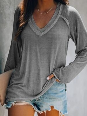Basic Loose Fit Solid V Neck Long Sleeve Tee - Image 3