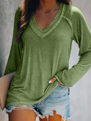 Basic Loose Fit Solid V Neck Long Sleeve Tee - Image 4