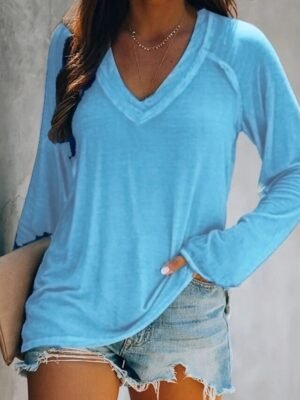 Basic Loose Fit Solid V Neck Long Sleeve Tee - Image 6