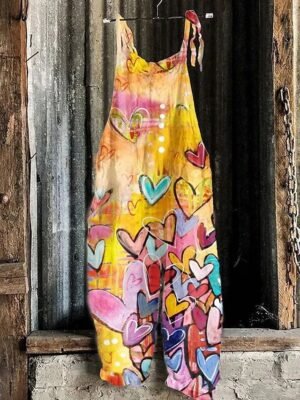 Basic Loose Heart Geometric Pattern High Waist Full Length Overalls - Image 1