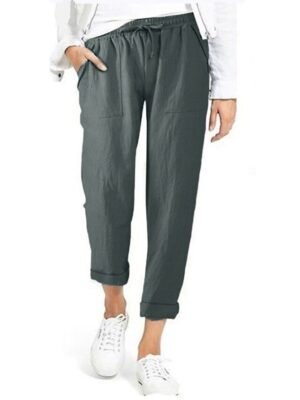 Basic Loose Solid Mid Waist Ankle-Length Capri Trousers - Image 2