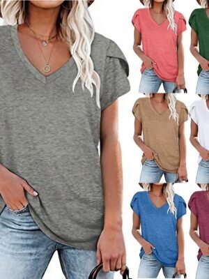 Basic Loose Solid V Neck Short Sleeve T-Shirt - Image 1