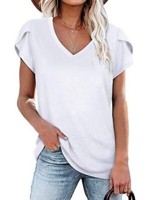 Basic Loose Solid V Neck Short Sleeve T-Shirt - Image 3