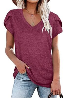 Basic Loose Solid V Neck Short Sleeve T-Shirt - Image 4