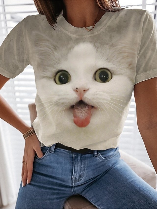 Basic Regular Animal 3D Round Neck Short Sleeve Tops - Image 1