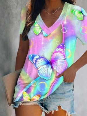 Basic Regular Butterfly Tie Dye V Neck Short Sleeve T-Shirt - Image 1