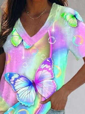 Basic Regular Butterfly Tie Dye V Neck Short Sleeve T-Shirt - Image 2