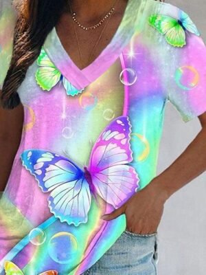 Basic Regular Butterfly Tie Dye V Neck Short Sleeve T-Shirt - Image 3