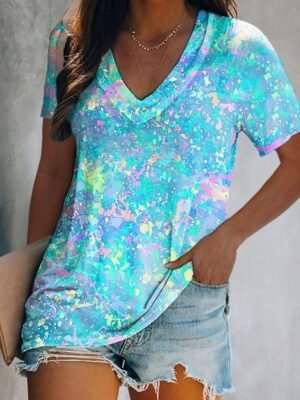 Basic Regular Butterfly Tie Dye V Neck Short Sleeve T-Shirt - Image 4