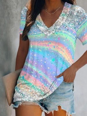 Basic Regular Butterfly Tie Dye V Neck Short Sleeve T-Shirt - Image 5