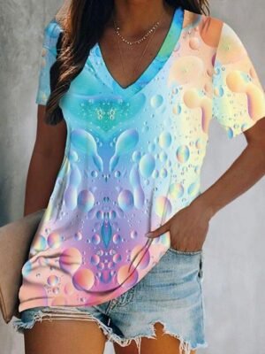 Basic Regular Butterfly Tie Dye V Neck Short Sleeve T-Shirt - Image 6