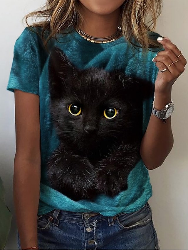 Basic Regular Cat Print Round Neck Short Sleeve Top - Image 1