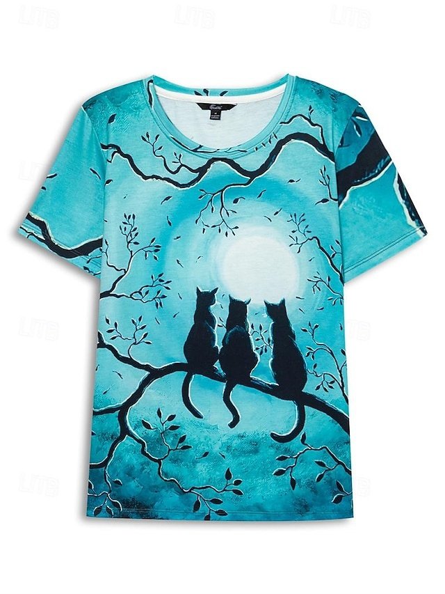 Basic Regular Cat Print Round Neck Short Sleeve Summer Top - Image 2