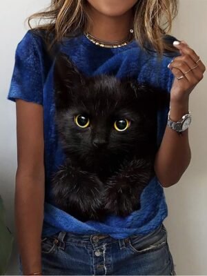 Basic Regular Cat Print Round Neck Short Sleeve Top - Image 2