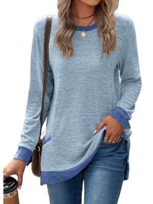 Basic Regular Colour Block Round Neck Long Puff Sleeve Top - Image 1