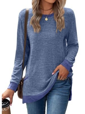 Basic Regular Colour Block Round Neck Long Puff Sleeve Top - Image 2