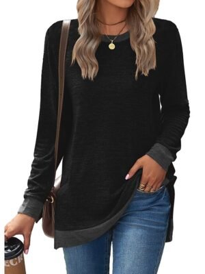 Basic Regular Colour Block Round Neck Long Puff Sleeve Top - Image 3