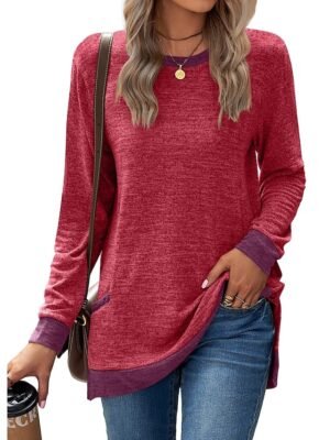 Basic Regular Colour Block Round Neck Long Puff Sleeve Top - Image 4