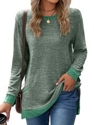 Basic Regular Colour Block Round Neck Long Puff Sleeve Top - Image 5