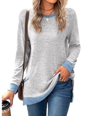 Basic Regular Colour Block Round Neck Long Puff Sleeve Top - Image 8