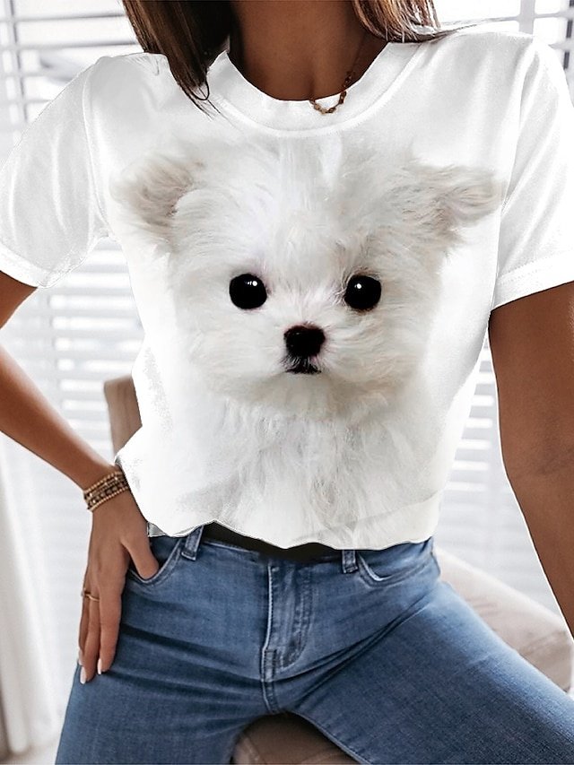 Basic Regular Dog Print Round Neck Short Sleeve Top - Image 2