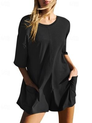 Basic Regular Fit Solid Crew Neck Short Sleeve Romper - Image 2