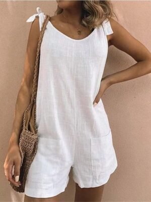 Basic Regular Fit Solid V Neck Sleeveless Short Romper - Image 2