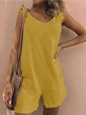 Basic Regular Fit Solid V Neck Sleeveless Short Romper - Image 3