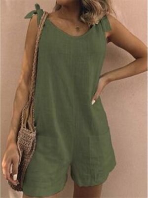 Basic Regular Fit Solid V Neck Sleeveless Short Romper - Image 4