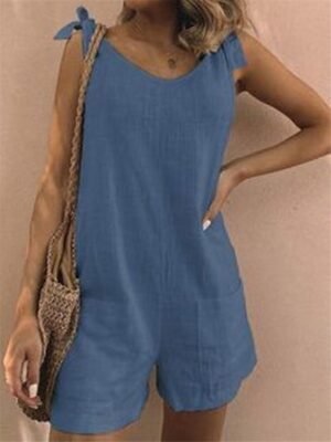Basic Regular Fit Solid V Neck Sleeveless Short Romper - Image 5
