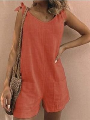 Basic Regular Fit Solid V Neck Sleeveless Short Romper - Image 6