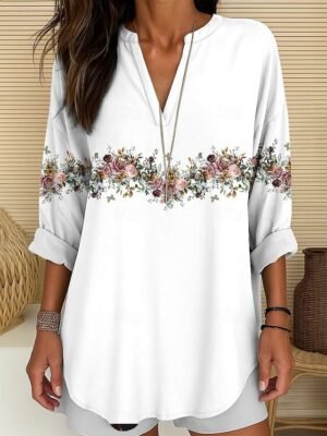 Basic Regular Floral Round Neck Long Sleeve Top - Image 13
