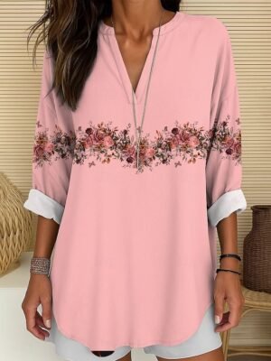 Basic Regular Floral Round Neck Long Sleeve Top - Image 14