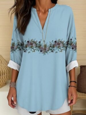Basic Regular Floral Round Neck Long Sleeve Top - Image 15